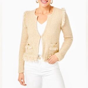 Lilly Pulitzer Simora  Fringe Cardigan Golden Metallic Tweed Size S Old Money